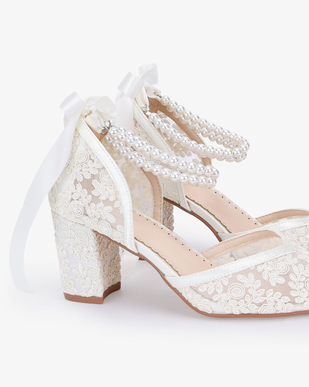 Lace Block Heel For Weddings with Double Pearls Ankle Strap - Luzilly Bridal & Apparel
