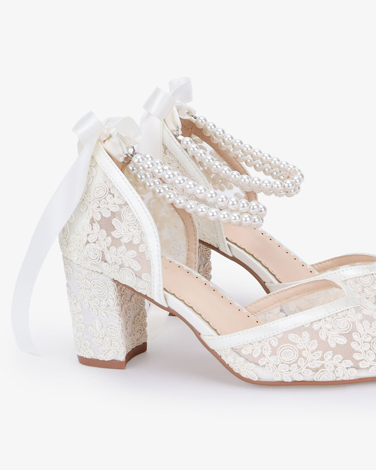 Lace Block Heel For Weddings with Double Pearls Ankle Strap - Luzilly Bridal & Apparel