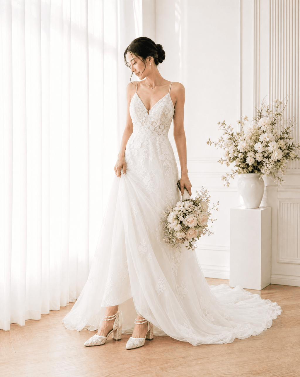 Lace Block Heel For Weddings with Double Pearls Ankle Strap - Luzilly Bridal & Apparel