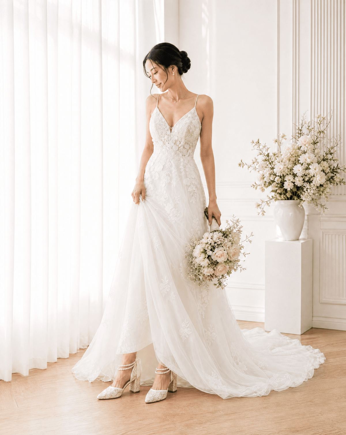 Lace Block Heel For Weddings with Double Pearls Ankle Strap - Luzilly Bridal & Apparel