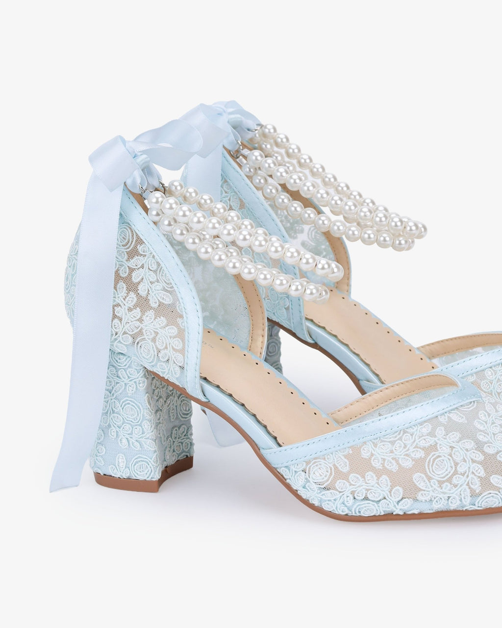 Lace Block Heel For Weddings with Double Pearls Ankle Strap - Luzilly Bridal & Apparel