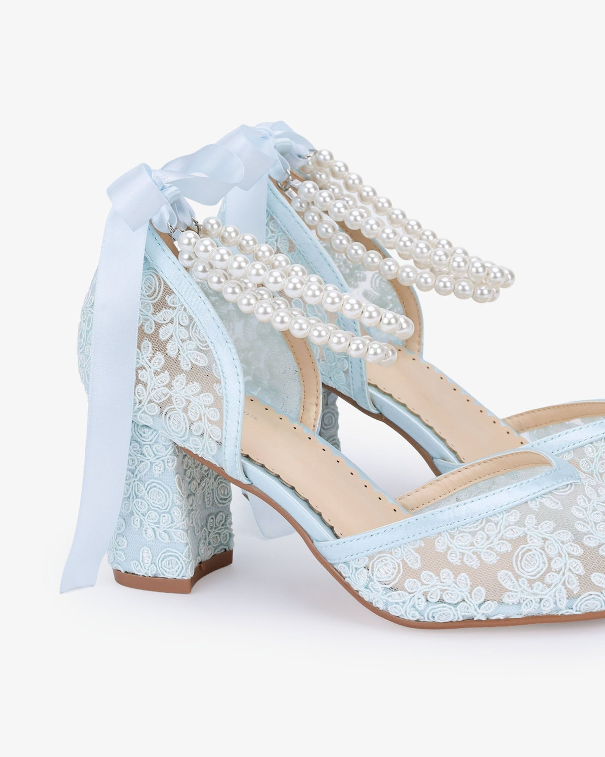 Lace Block Heel For Weddings with Double Pearls Ankle Strap - Luzilly Bridal & Apparel