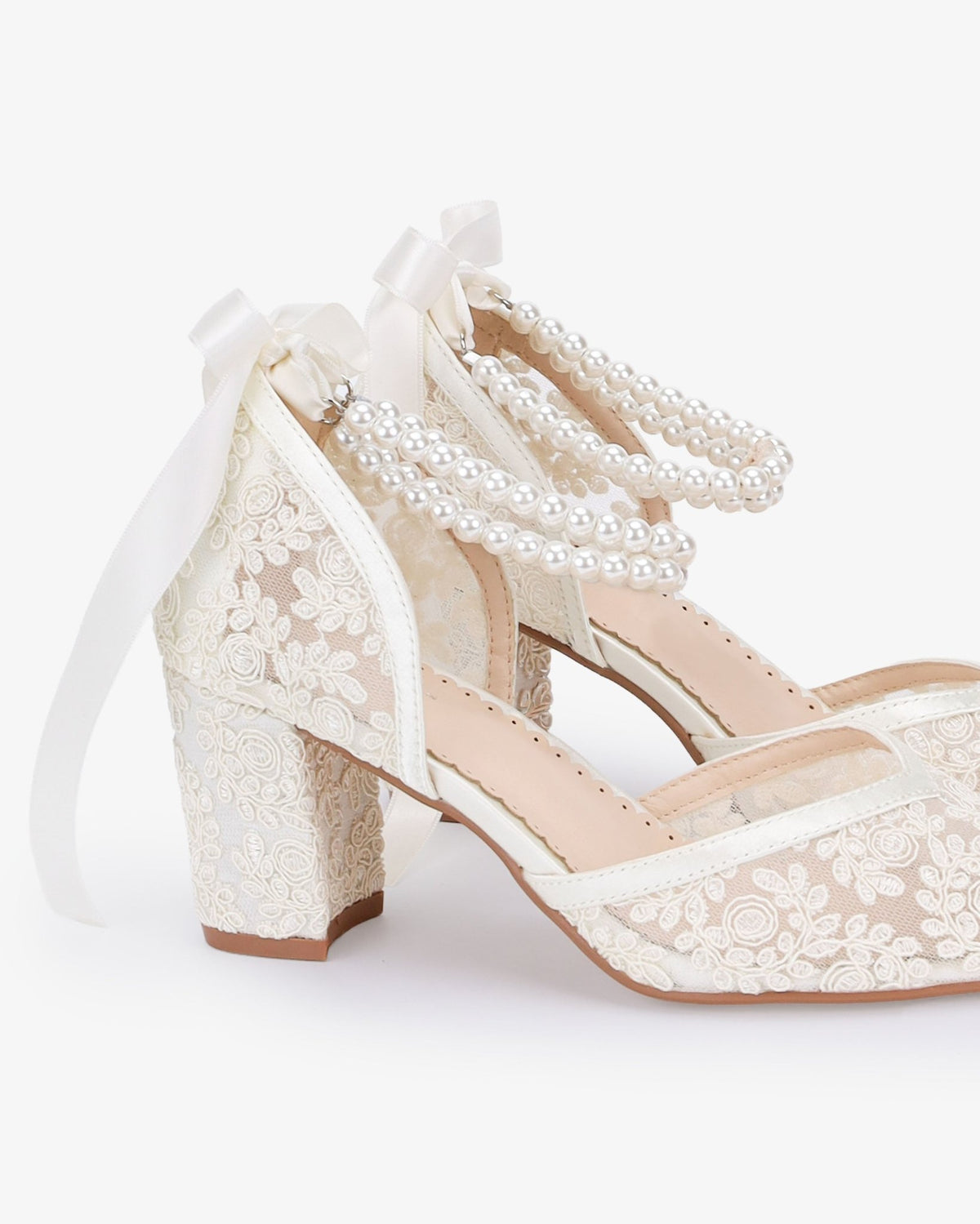 Lace Block Heel For Weddings with Double Pearls Ankle Strap - Luzilly Bridal & Apparel