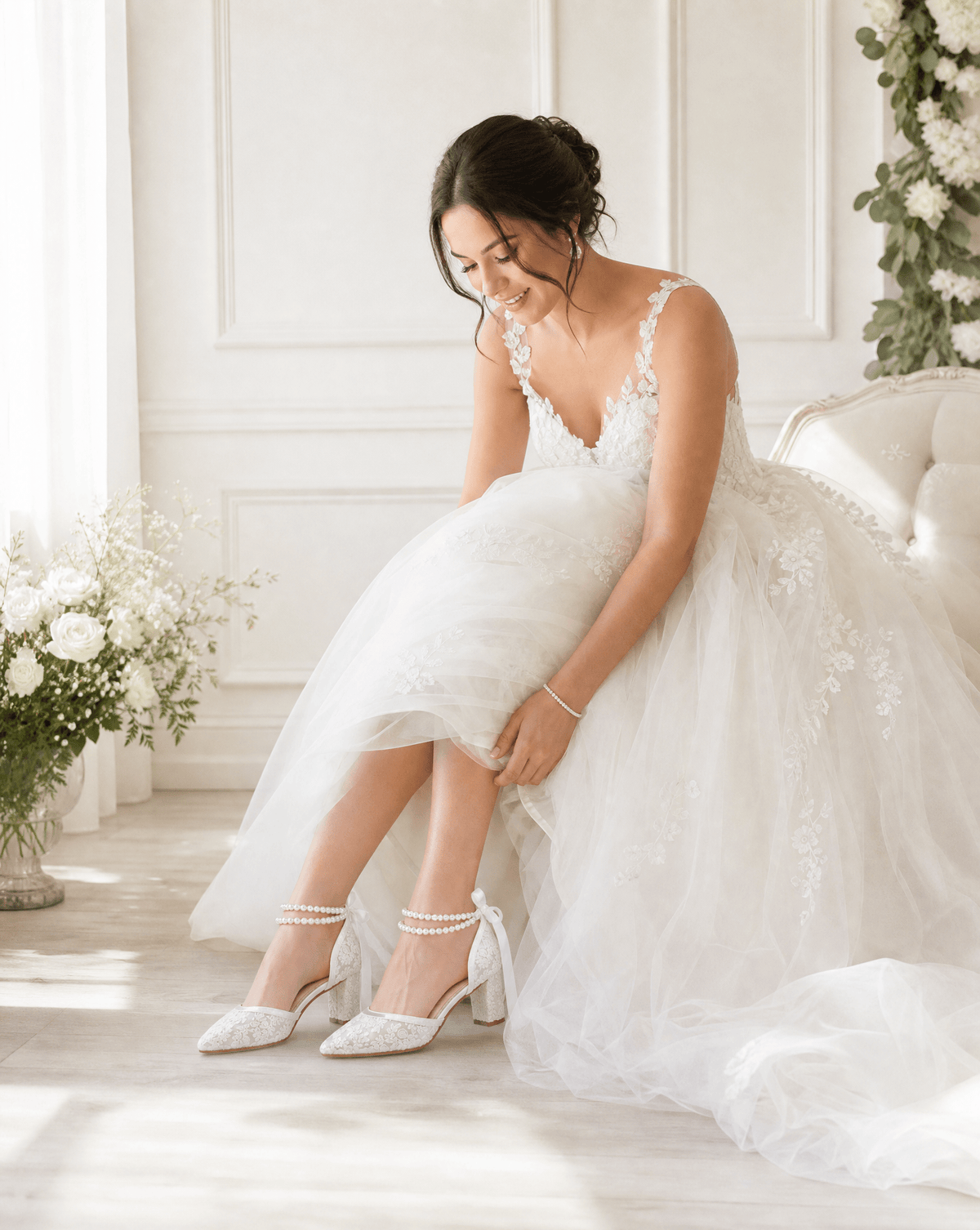 Lace Block Heel For Weddings with Double Pearls Ankle Strap - Luzilly Bridal & Apparel