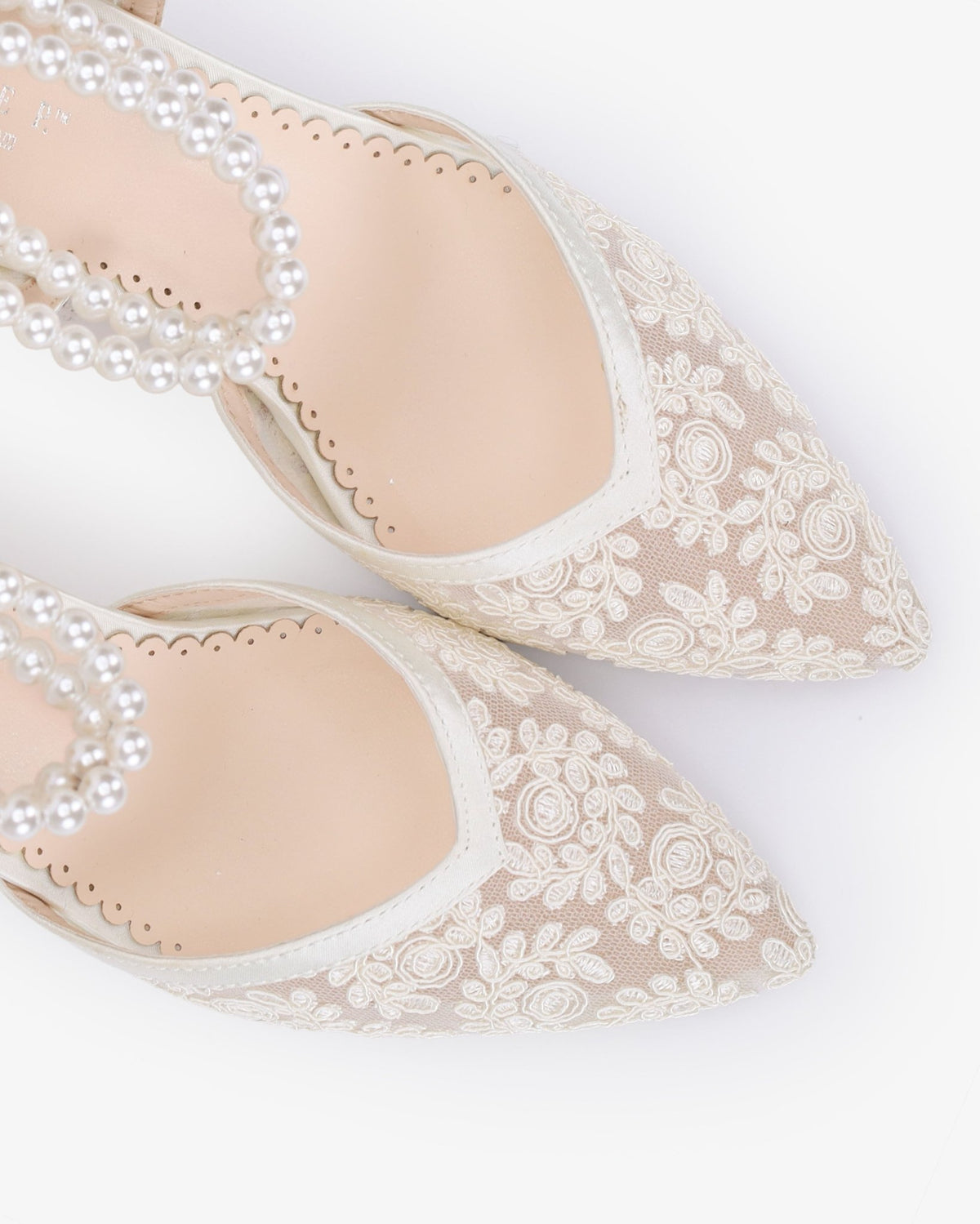 Lace Block Heel For Weddings with Double Pearls Ankle Strap - Luzilly Bridal & Apparel