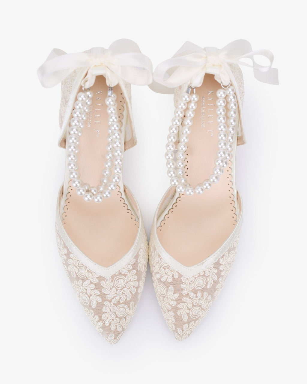 Lace Block Heel For Weddings with Double Pearls Ankle Strap - Luzilly Bridal & Apparel