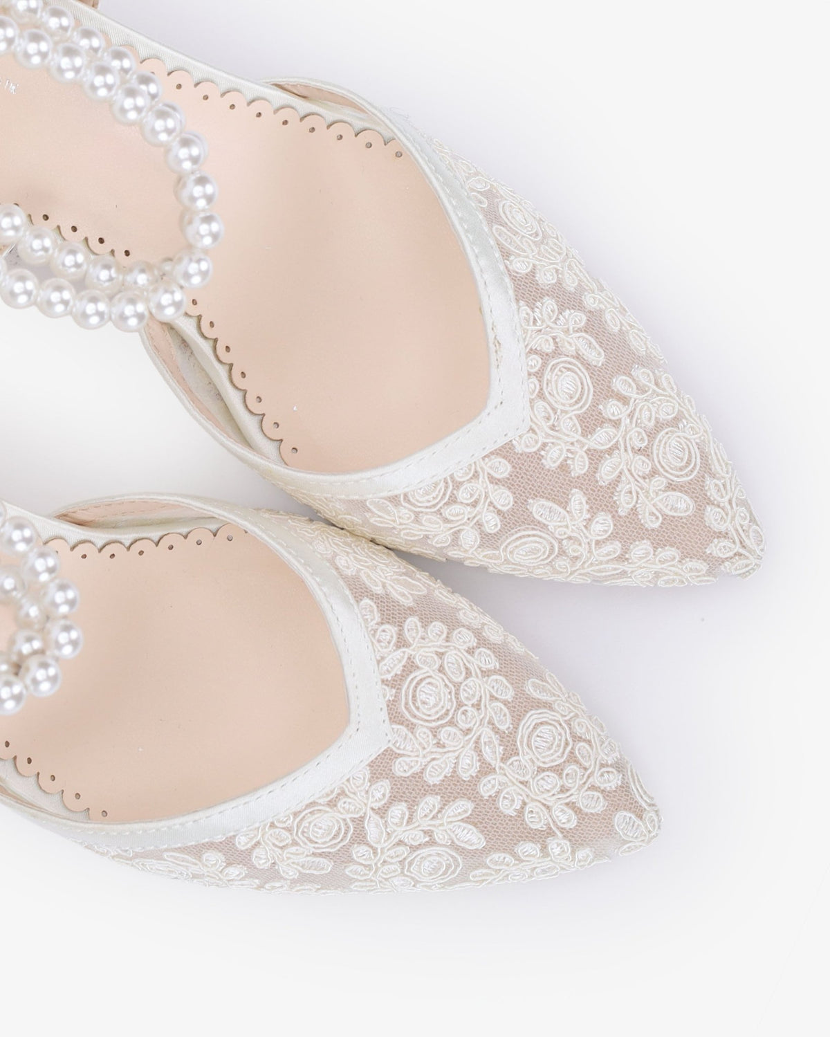 Lace Block Heel For Weddings with Double Pearls Ankle Strap - Luzilly Bridal & Apparel