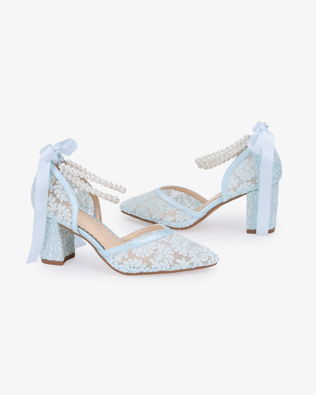 Lace Block Heel For Weddings with Double Pearls Ankle Strap - Luzilly Bridal & Apparel