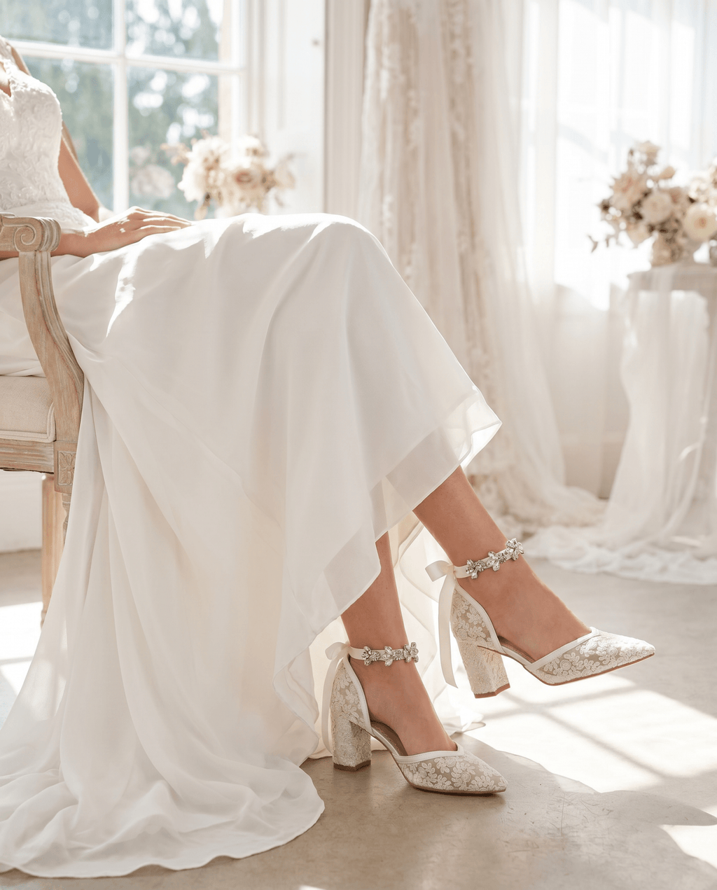 Lace Block Heel For Weddings with Navette Cluster Rhinestones Strap - Luzilly Bridal & Apparel
