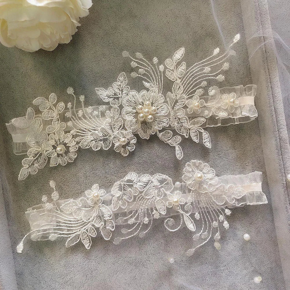 Lace Crystal and Pearl Bridal Garter Set (Keepsake and Toss) - Luzilly Bridal & Apparel
