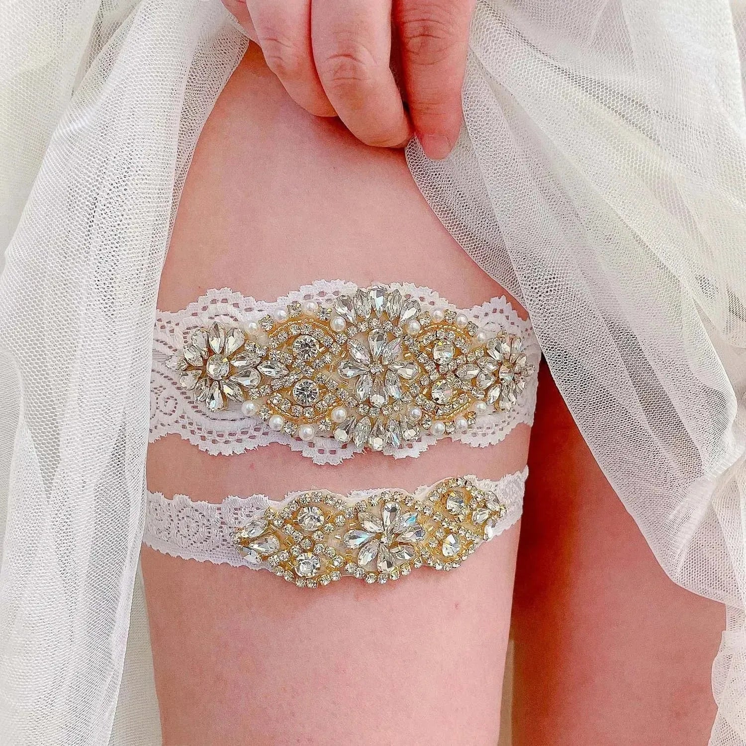 Lace Crystal & Pearl Bridal Garter Set (2-Piece) - Luzilly Bridal & Apparel