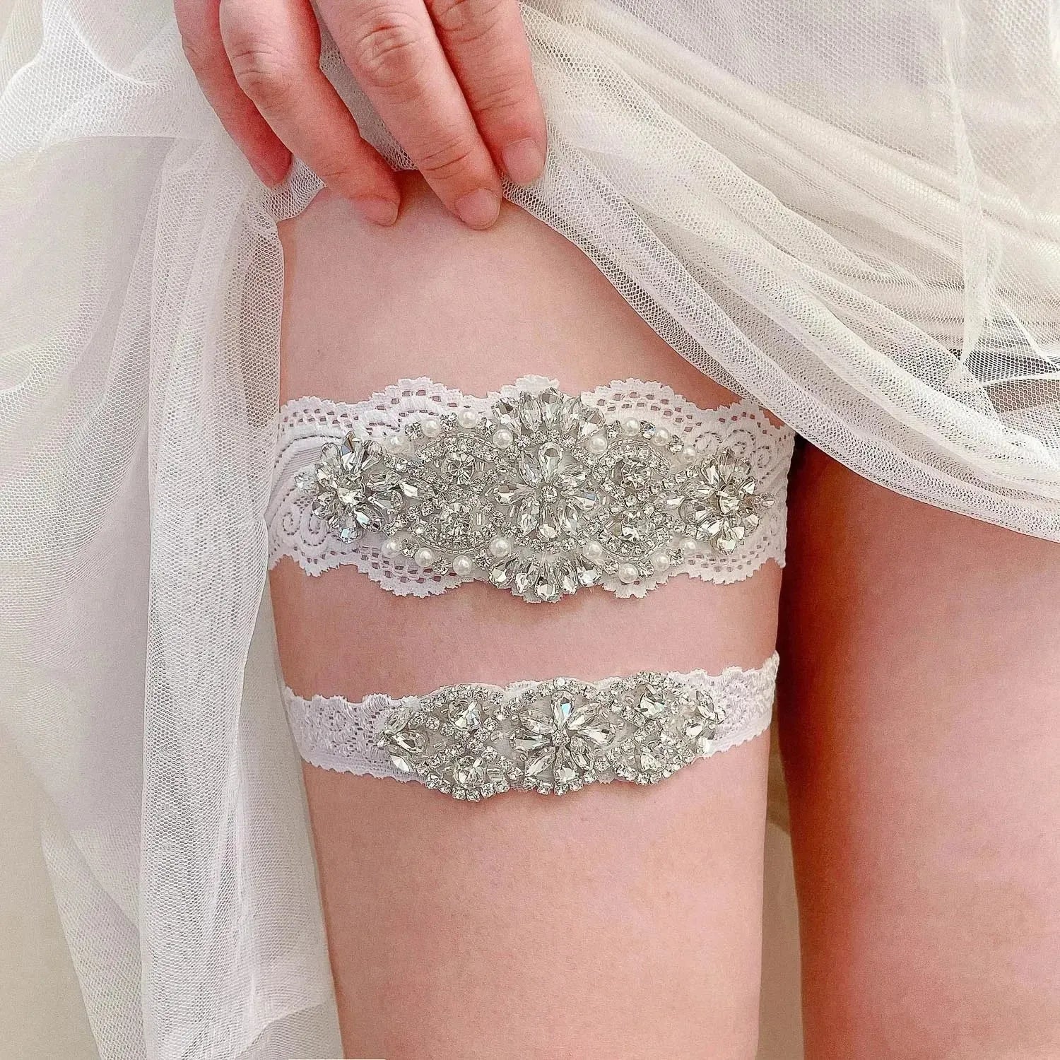 Lace Crystal & Pearl Bridal Garter Set (2-Piece) - Luzilly Bridal & Apparel