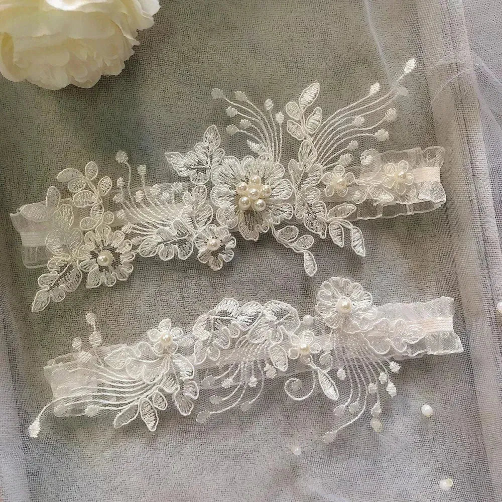 Lace Crystal & Pearl Bridal Garter Set (2-Piece) - Luzilly Bridal & Apparel