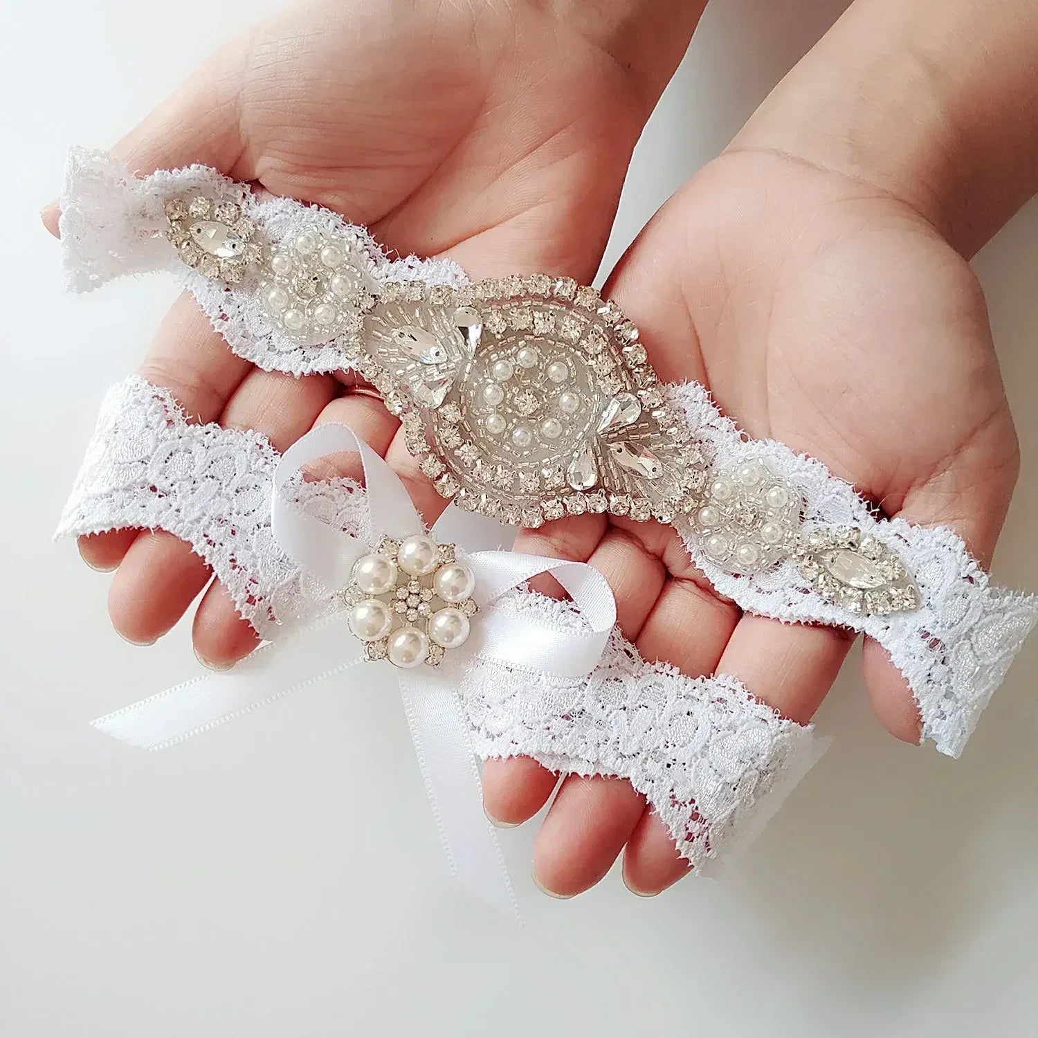 Lace Crystal & Pearl Bridal Garter Set (2-Piece) - Luzilly Bridal & Apparel