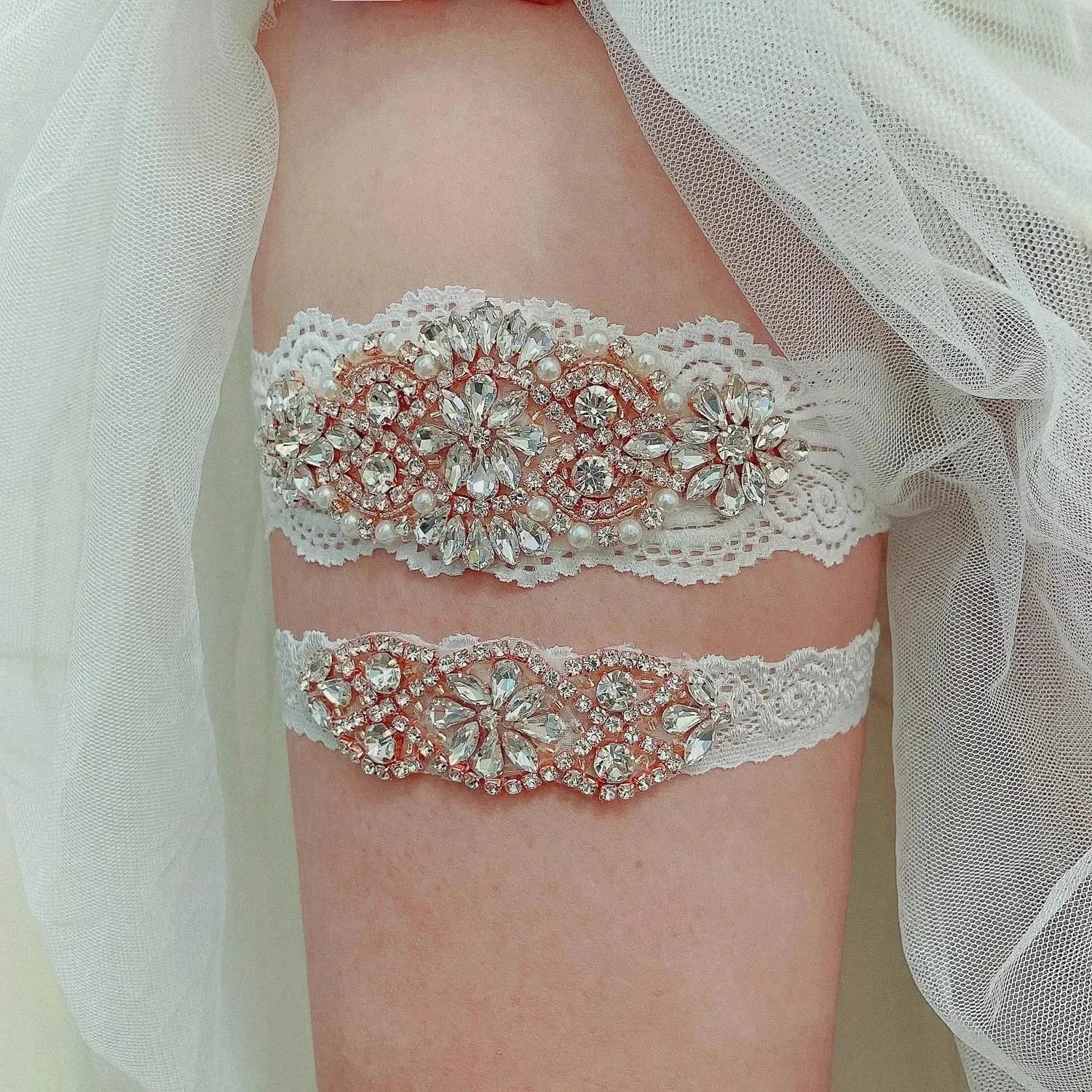 Lace Crystal & Pearl Bridal Garter Set (2-Piece) - Luzilly Bridal & Apparel