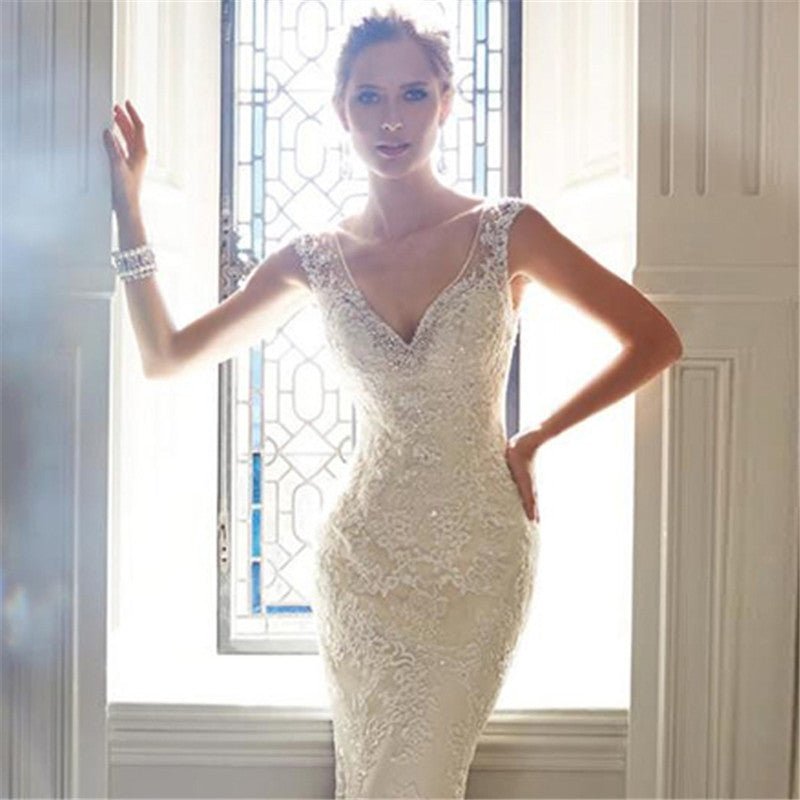 Lace Deep V-Neck Fishtail Wedding Dress - Luzilly Bridal & Apparel