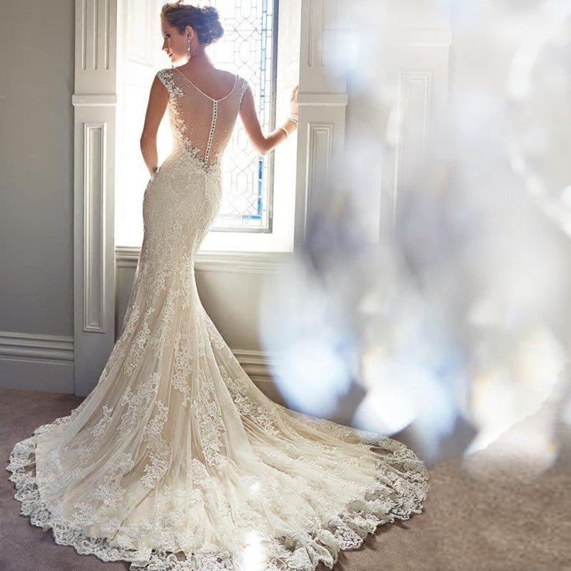 Lace Deep V-Neck Fishtail Wedding Dress - Luzilly Bridal & Apparel