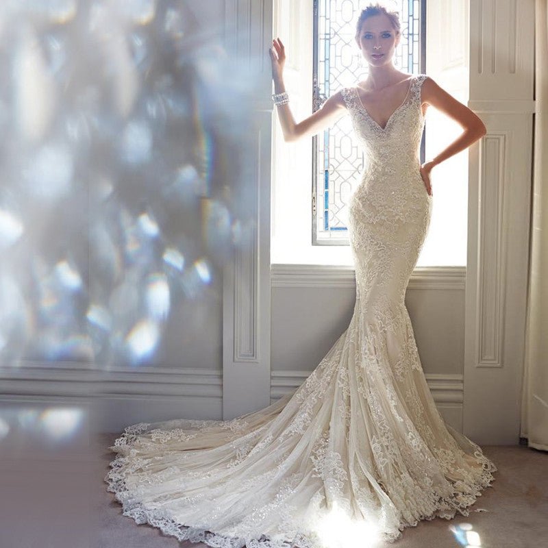 Lace Deep V-Neck Fishtail Wedding Dress - Luzilly Bridal & Apparel
