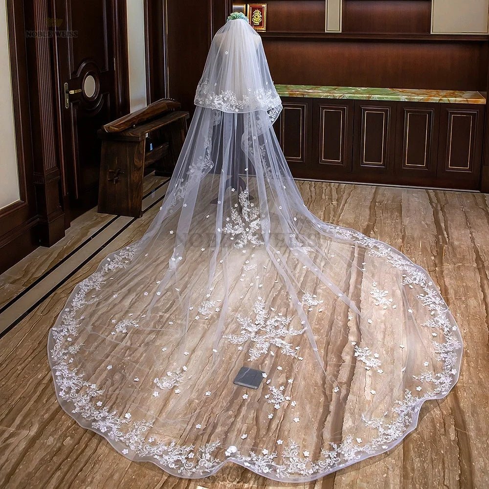 Lace-Edge Two-Layer Cathedral Wedding Veil with Blusher - Luzilly Bridal & Apparel