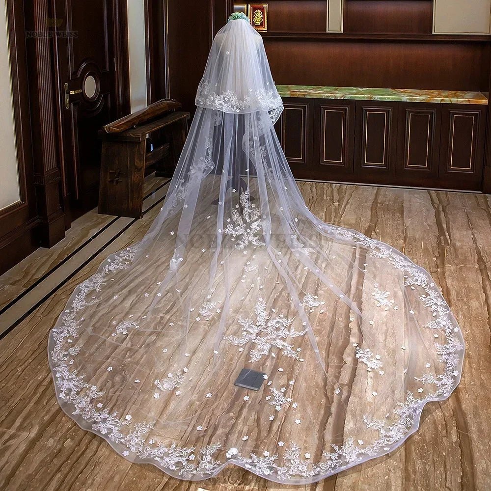 Lace-Edge Two-Layer Cathedral Wedding Veil with Blusher - Luzilly Bridal & Apparel