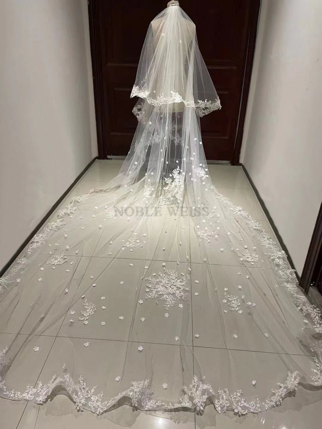 Lace-Edge Two-Layer Cathedral Wedding Veil with Blusher - Luzilly Bridal & Apparel