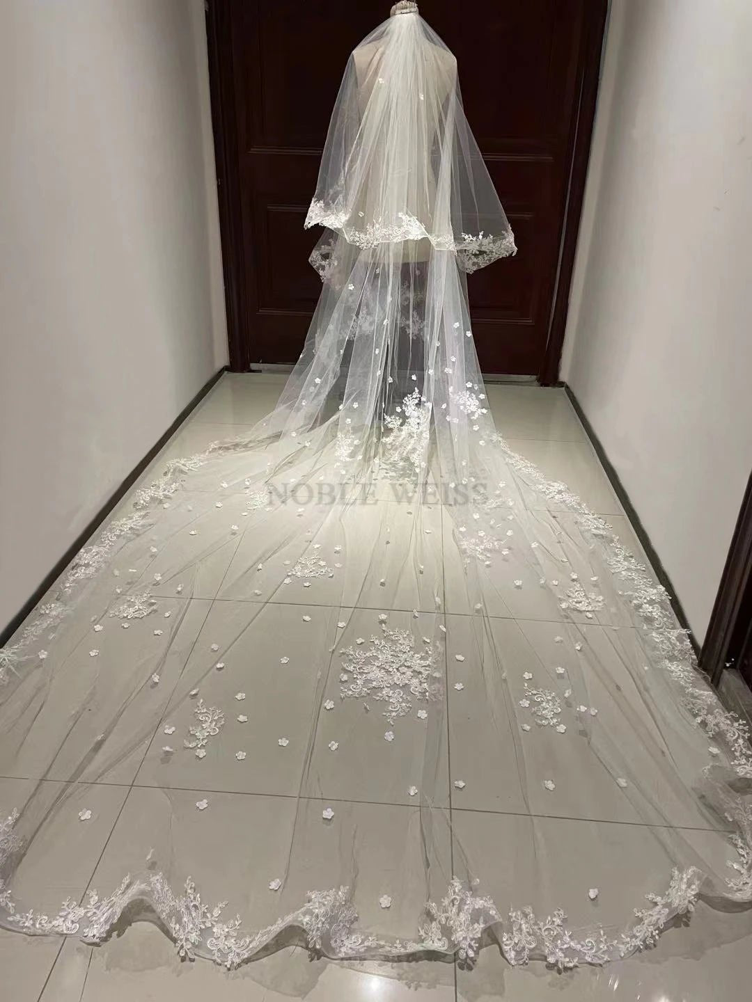 Lace-Edge Two-Layer Cathedral Wedding Veil with Blusher - Luzilly Bridal & Apparel