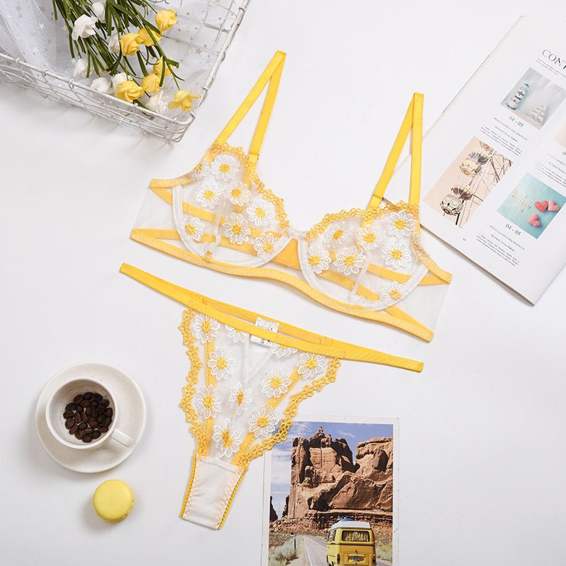 Lace Floral Border Mesh Three-Point Bra Sexy Lingerie - Luzilly Bridal & Apparel