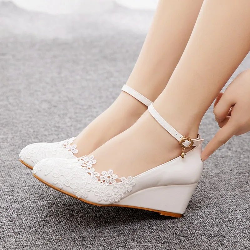 Lace Flower & Pearl Wedge Bridal Pumps - Luzilly Bridal & Apparel