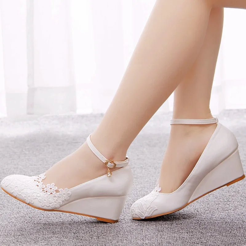 Lace Flower & Pearl Wedge Bridal Pumps - Luzilly Bridal & Apparel