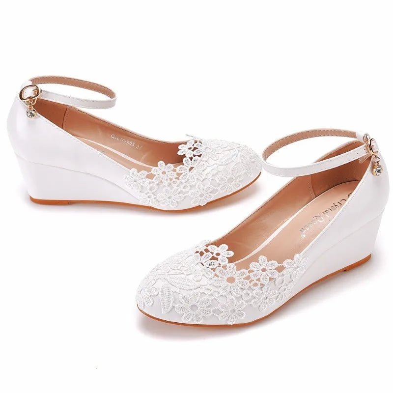 Lace Flower & Pearl Wedge Bridal Pumps - Luzilly Bridal & Apparel