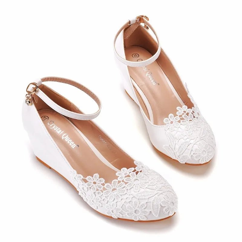 Lace Flower & Pearl Wedge Bridal Pumps - Luzilly Bridal & Apparel