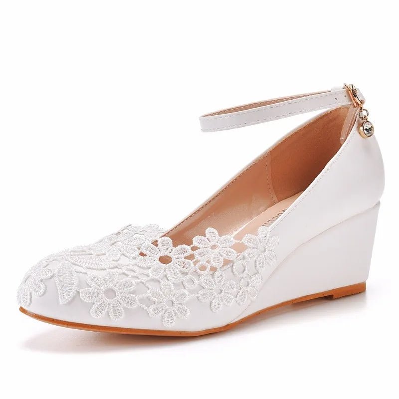 Lace Flower & Pearl Wedge Bridal Pumps - Luzilly Bridal & Apparel