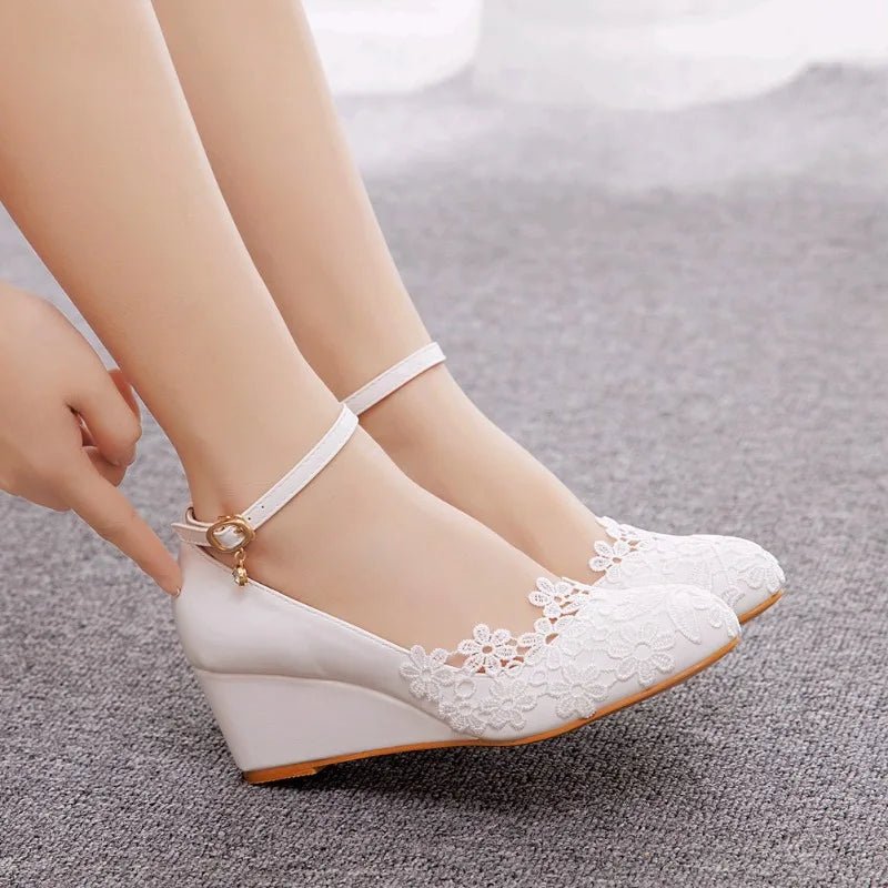 Lace Flower & Pearl Wedge Bridal Pumps - Luzilly Bridal & Apparel