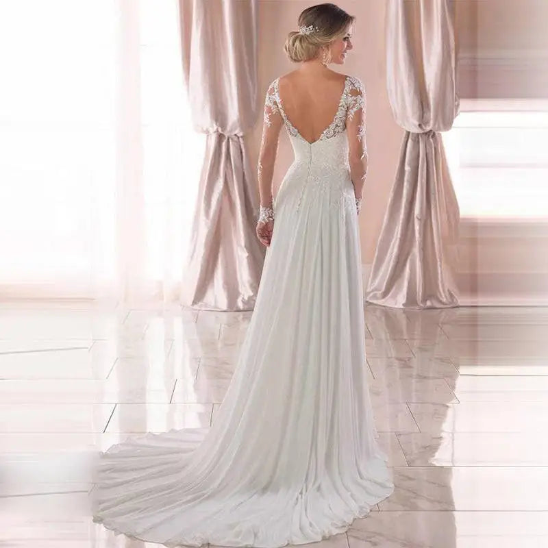 Lace Long Sleeve Backless Deep V-neck Wedding Dress