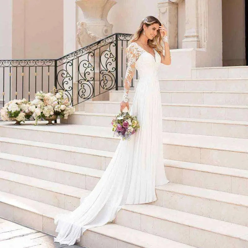 Lace Long Sleeve Backless Deep V-neck Wedding Dress