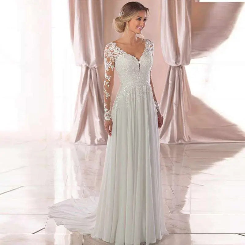 Lace Long Sleeve Backless Deep V-neck Wedding Dress