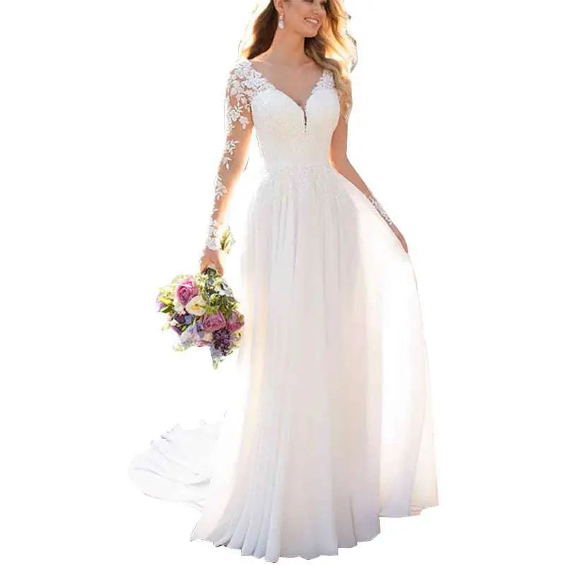 Lace Long Sleeve Backless Deep V-neck Wedding Dress