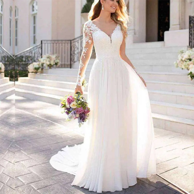 Lace Long Sleeve Backless Deep V-neck Wedding Dress
