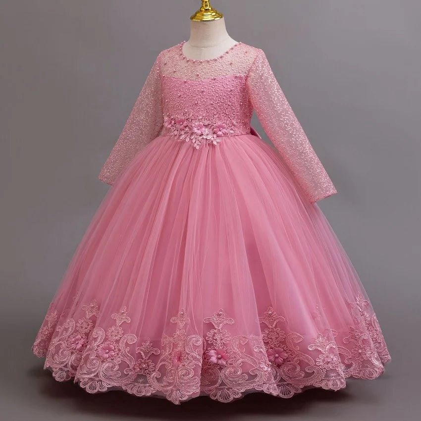 Lace Long-Sleeve Bow Tutu Girls Party Dress - Luzilly Bridal & Apparel