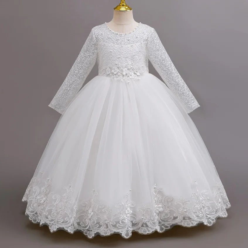 Lace Long-Sleeve Bow Tutu Girls Party Dress - Luzilly Bridal & Apparel