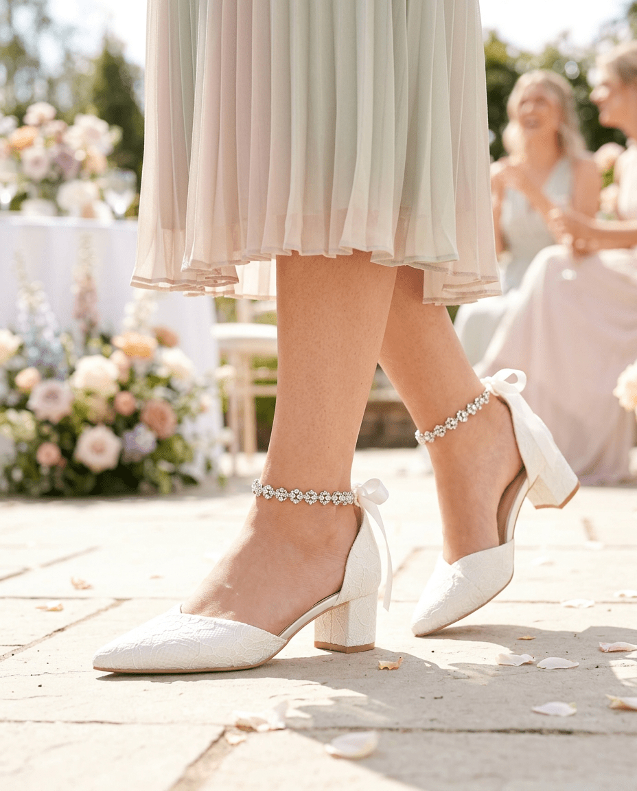 Lace Pointy Toe Low Block Heels Wedding Shoes with Amaryllis Strap - Luzilly Bridal & Apparel