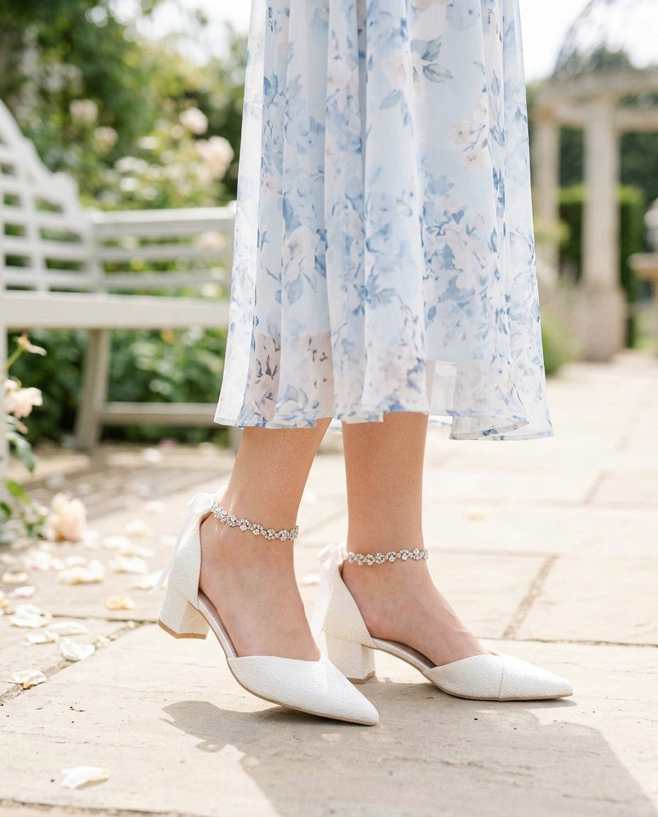 Lace Pointy Toe Low Block Heels Wedding Shoes with Amaryllis Strap - Luzilly Bridal & Apparel