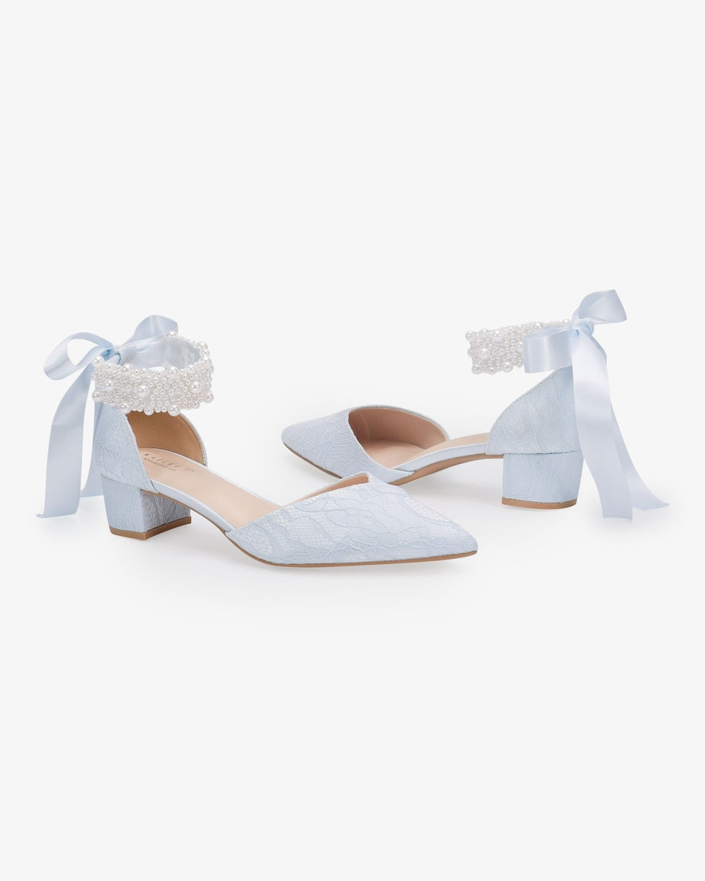 Lace Pointy Toe Low Block Heels Wedding Shoes with Perla Ankle Strap - Luzilly Bridal & Apparel