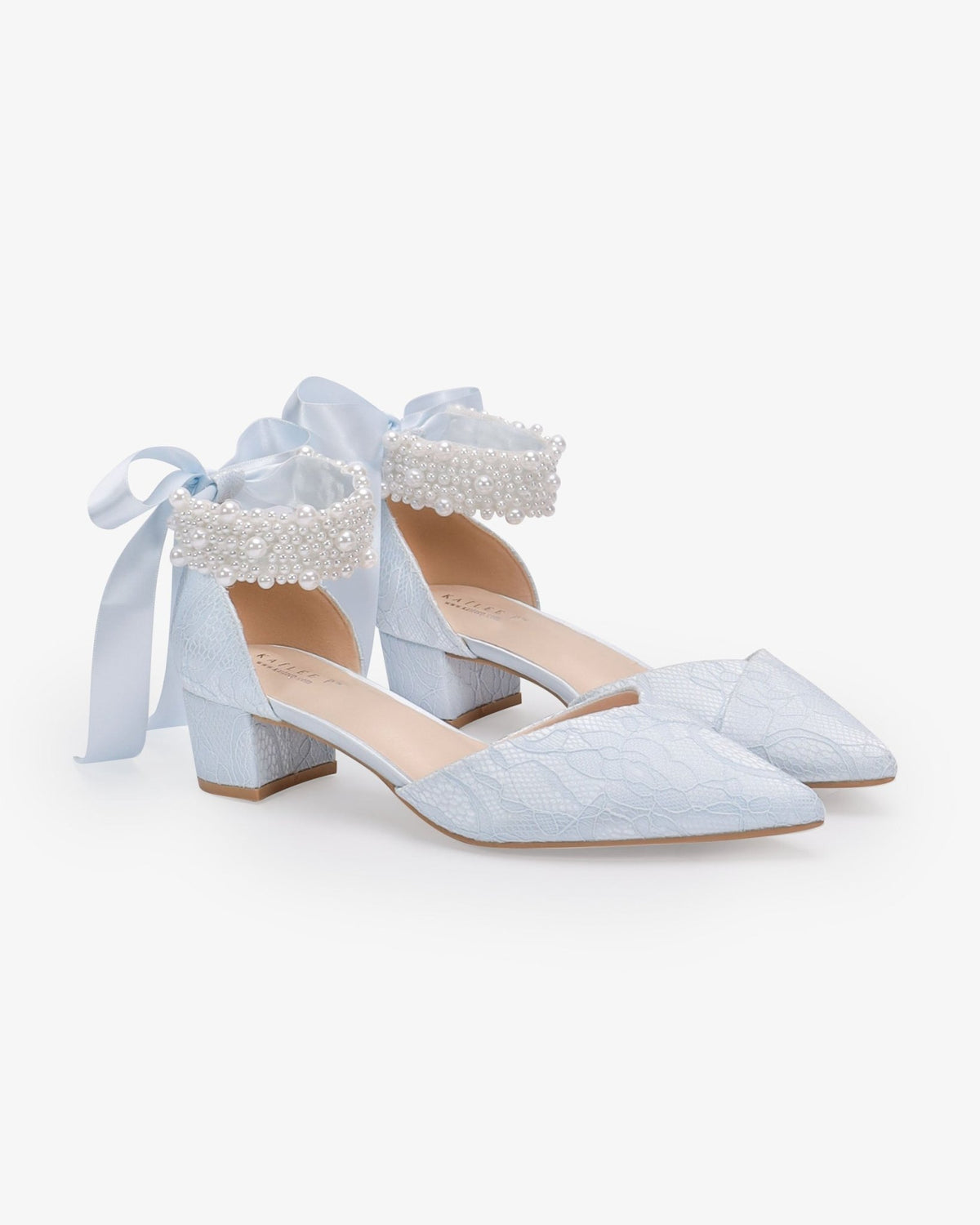 Lace Pointy Toe Low Block Heels Wedding Shoes with Perla Ankle Strap - Luzilly Bridal & Apparel