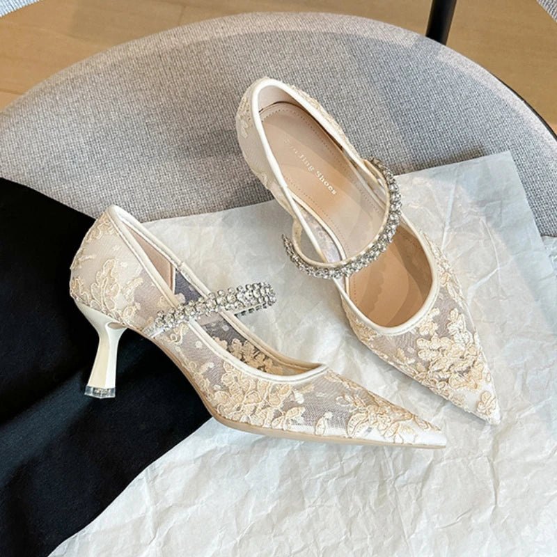Lace & Rhinestone Chain Pointed-Toe Bridal Pumps - Luzilly Bridal & Apparel