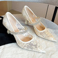 Lace & Rhinestone Chain Pointed-Toe Bridal Pumps - Luzilly Bridal & Apparel
