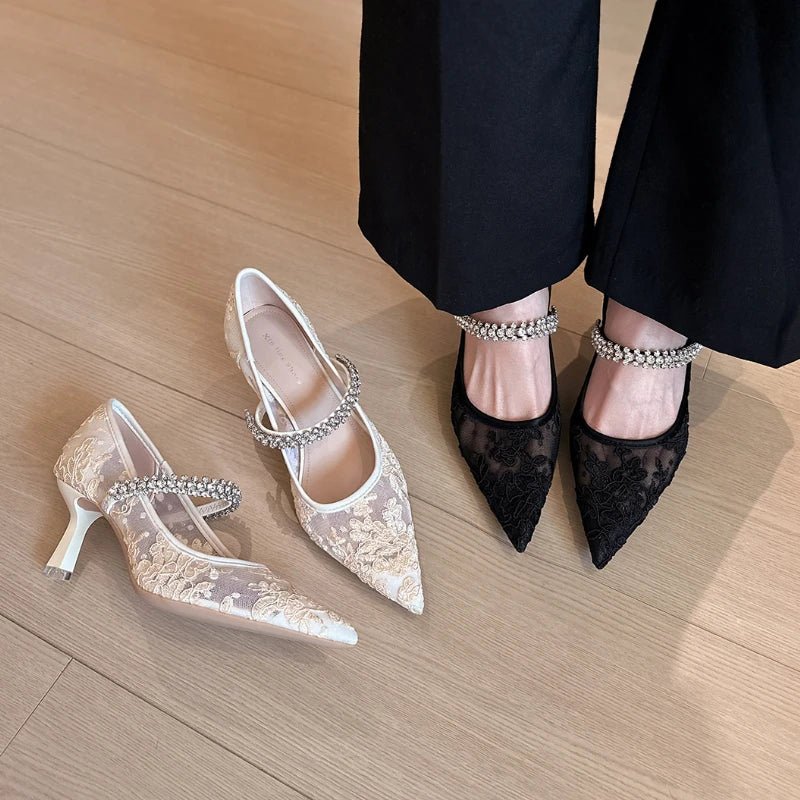 Lace & Rhinestone Chain Pointed-Toe Bridal Pumps - Luzilly Bridal & Apparel