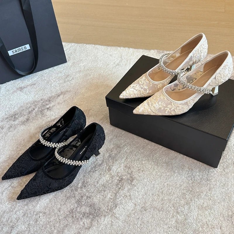 Lace & Rhinestone Chain Pointed-Toe Bridal Pumps - Luzilly Bridal & Apparel