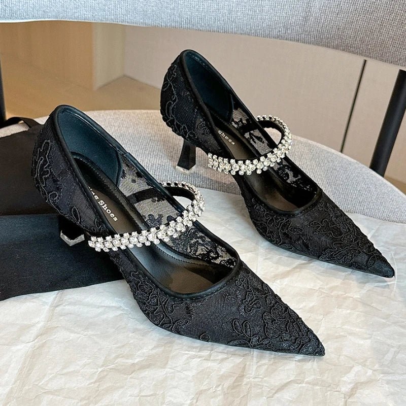 Lace & Rhinestone Chain Pointed-Toe Bridal Pumps - Luzilly Bridal & Apparel