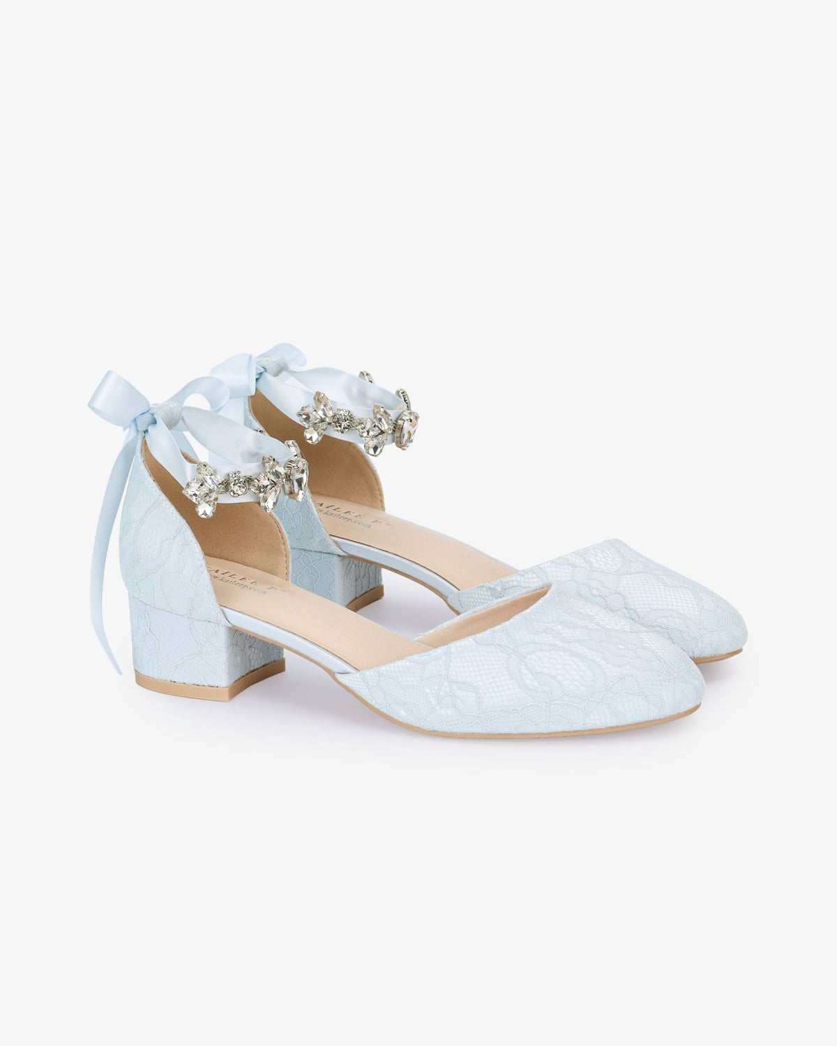 Lace Round Toe Low Block Heel Wedding Shoes with Navette Cluster Rhinestones Strap - Luzilly Bridal & Apparel